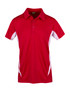 A red polyester polo shirt featuring white side panels and a collared neckline. It has a logo on the front. A red polyester polo shirt featuring white side panels and a collared neckline. It has a logo on the front.