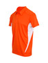 An orange polyester polo shirt with white side panels and a collar, featuring a logo. An orange polyester polo shirt with white side panels and a collar, featuring a logo.