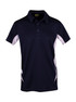 A navy blue polo shirt with white accents and a logo on the chest. It features a collar and three buttons. A navy blue polo shirt with white accents and a logo on the chest. It features a collar and three buttons.