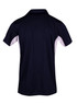 A polyester polo shirt in navy blue with white accents and a logo on the back. A polyester polo shirt in navy blue with white accents and a logo on the back.