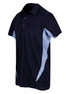 A men's polo shirt in navy blue with light blue side panels and a collar, featuring a logo on the chest. A men's polo shirt in navy blue with light blue side panels and a collar, featuring a logo on the chest.