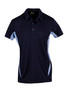 A navy blue polo shirt with light blue side panels and a logo on the chest. Features a collar and buttons.