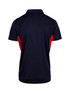 A navy blue polyester polo shirt with red side panels and a collar. It features a small logo. A navy blue polyester polo shirt with red side panels and a collar. It features a small logo.