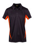 Men's polyester polo shirt in black with orange side panels and a collar. Features a logo on the chest.