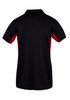 A black polo shirt with red side panels and a logo on the back.
