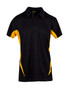 A black polyester polo shirt with yellow accents and a logo on the chest. A black polyester polo shirt with yellow accents and a logo on the chest.