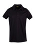 A black polyester polo shirt with a collar and three buttons, featuring a logo on the label. A black polyester polo shirt with a collar and three buttons, featuring a logo on the label.