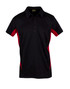 A black polo shirt with red side panels and a collar, featuring a logo on the front.