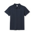 A navy polyester polo shirt with a collared neckline and a subtle logo. A navy polyester polo shirt with a collared neckline and a subtle logo.