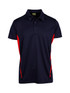 A navy blue polo shirt with red side panels, featuring a collar and buttons, and has a logo. A navy blue polo shirt with red side panels, featuring a collar and buttons, and has a logo.