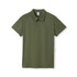 A green polyester polo shirt with a classic collar and three-button placket, featuring branding.