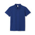 A blue polyester polo shirt with a collar, short sleeves, and a logo present.