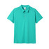 A turquoise polo shirt with a collar, three buttons, and a logo on the chest.