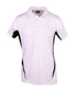 A white men's polo shirt with black side accents and a collar. It features a logo on one sleeve.