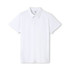 A white men's polyester polo shirt with a collar and a logo. The shirt has short sleeves and a classic fit.