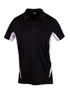 A black and white men's polo shirt featuring a collar and short sleeves, with a logo on the chest.