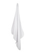 A white baby blanket displayed hanging downwards, featuring a smooth and soft texture. It has a logo or branding present.