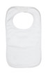 A white organic kids bib with a rounded neckline and stitched edges. It features a logo at the top.