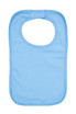 A blue organic kids bib with a rounded neckline and a simple design. It features a brand logo.