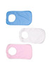A set of three organic kids' bibs in blue, white, and pink, featuring a circular neck opening. Each has a logo.