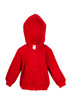 A red fleece baby zip hoodie with a front pocket and a hood, featuring long sleeves.