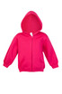 A pink fleece baby zip hoodie with a hood and front pockets, featuring a logo.