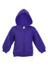 A purple fleece baby zip hoodie featuring a hood and front pockets. The garment has a logo.