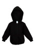 A black fleece baby zip hoodie featuring a hood and two front pockets, with a logo on the label.