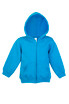 A blue fleece baby zip hoodie with a hood and front pockets, featuring a logo.