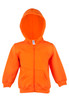 An orange fleece baby zip hoodie with a front pocket and a hood, featuring a logo.