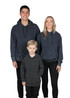 A collection of stone-wash fleece hoodies in dark grey, worn by two adults and one child. The image includes a logo. A collection of stone-wash fleece hoodies in dark grey, worn by two adults and one child. The image includes a logo.