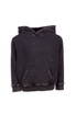 A grey stone-wash fleece hoodie for babies with a front pocket and a hood. Features a brand logo.
