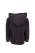 A grey stone wash fleece hoodie featuring a large hood and ribbed cuffs. It has a branding logo.
