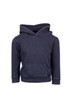 A baby’s stone wash fleece hoodie in navy blue with a front pocket and a hood. It has a logo on the front.