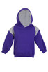 A purple hoodie featuring grey contrast panels on the shoulders, with a front pocket and a drawstring hood.