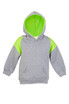 A grey hoodie with a green contrast panel on the shoulders and a green-lined hood. Features a front pocket and a logo.