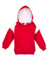 A red hoodie with a white contrast panel on the shoulders and a front pocket. Features a hood and long sleeves.