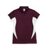 A maroon women's polo shirt with white side panels and a branded logo on the fabric. A maroon women's polo shirt with white side panels and a branded logo on the fabric.