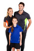 A woman in a black polo with orange accents, a man in a black polo with green accents, and a girl in a blue polo.