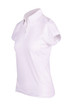 A white women's polyester polo shirt featuring a collar and short sleeves, with a logo on the chest. A white women's polyester polo shirt featuring a collar and short sleeves, with a logo on the chest.