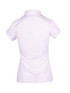 A white women's polyester polo shirt featuring a collar and short sleeves, with a small branding logo. A white women's polyester polo shirt featuring a collar and short sleeves, with a small branding logo.