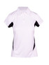 A white polyester polo shirt with black accents and a collar, featuring a logo on it. A white polyester polo shirt with black accents and a collar, featuring a logo on it.