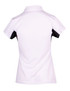 A women's polo shirt featuring a white front and black sleeves, with a collar and a logo on the back. A women's polo shirt featuring a white front and black sleeves, with a collar and a logo on the back.