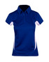 A women's polo shirt in navy blue with white side accents and a collar, featuring a logo.