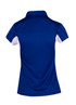 A women's polyester polo shirt in navy blue with white accents, featuring a collared neck and a fitted style. A women's polyester polo shirt in navy blue with white accents, featuring a collared neck and a fitted style.