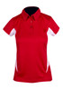 A women's polo shirt in red with white accents and a branded logo on the chest. Short sleeves and a collared design.