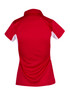 A red women's polo shirt with white accents and a collar, featuring a logo on the back. A red women's polo shirt with white accents and a collar, featuring a logo on the back.