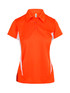 An orange women's polyester polo shirt featuring white side accents and a collar. It has a logo on the chest. An orange women's polyester polo shirt featuring white side accents and a collar. It has a logo on the chest.