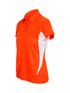An orange and white women's polo shirt with a collar and short sleeves, featuring a logo on the side.