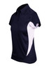 A women's polo shirt featuring a navy body with white side panels and a collar. Includes a logo on the fabric.